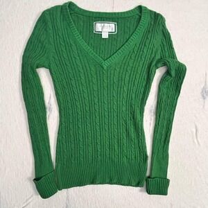 American Eagle Women's Green Cable Knit V-Neck Sweater Size M Angora Blend VTG